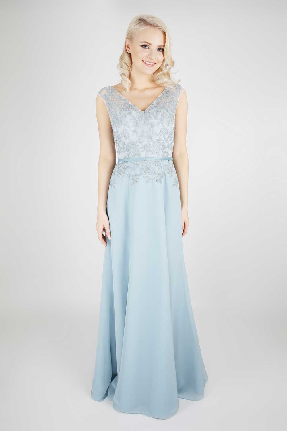 Bridesmaid gown has a beautiful lace bodice