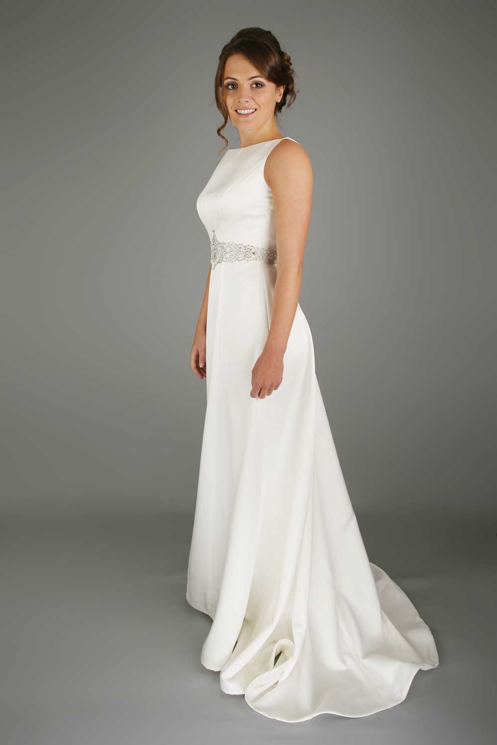 Draping wedding gown with bateau neckline