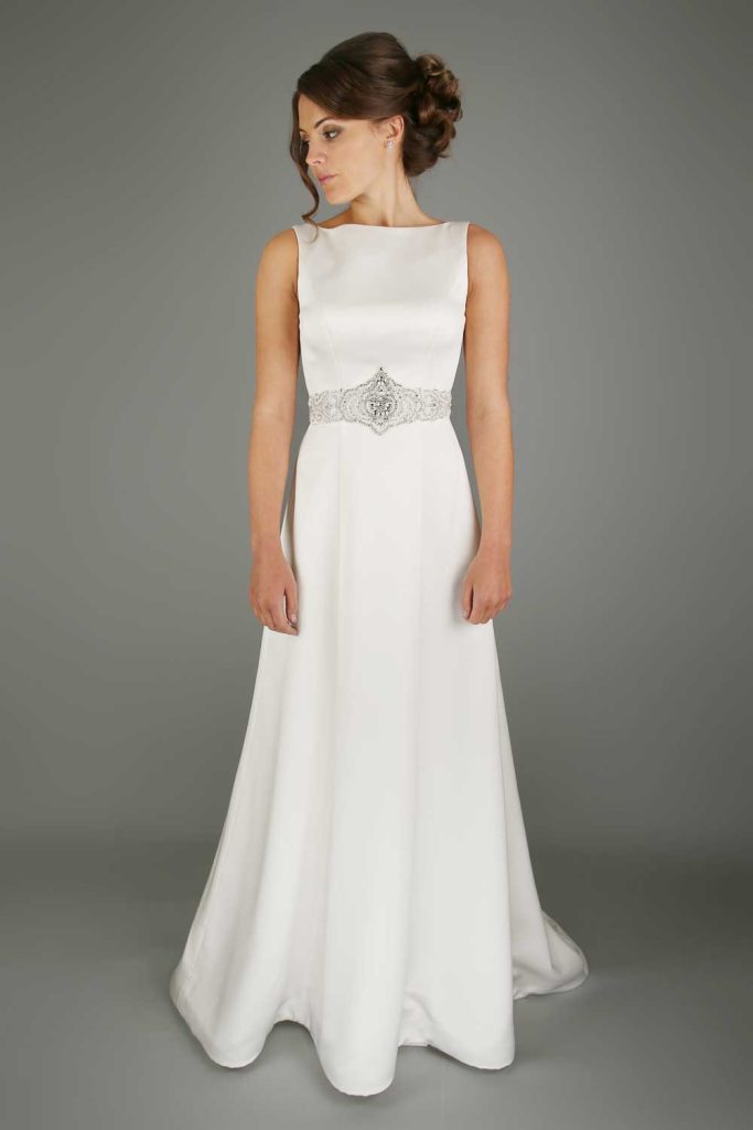 Draping wedding gown with bateau neckline