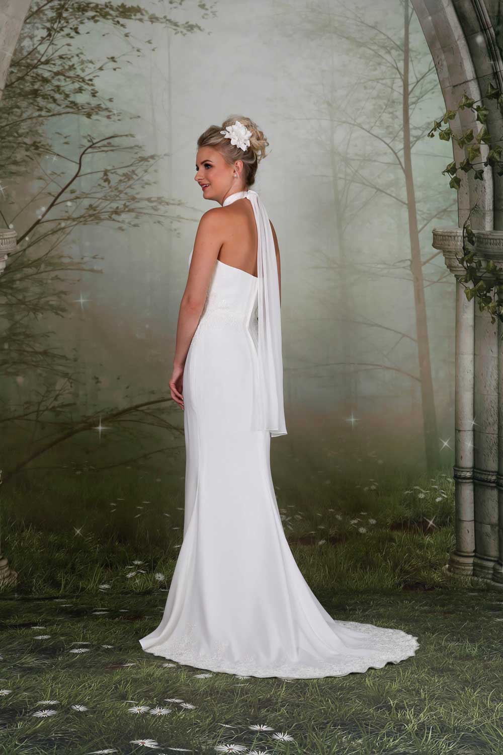 High-necked gown back view