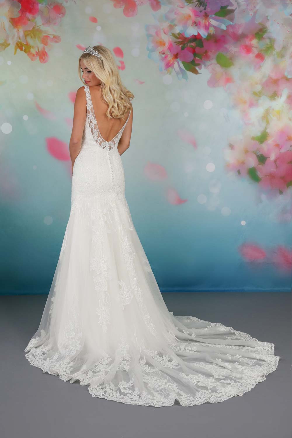 Flattering fit and flare lace gown back view