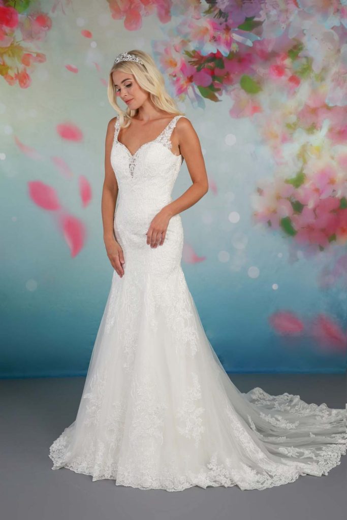 Flattering fit and flare lace gown front view