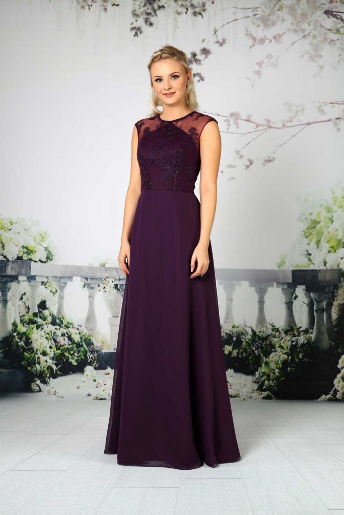 bridesmaid full length gown with fitted bodice and lace overlay