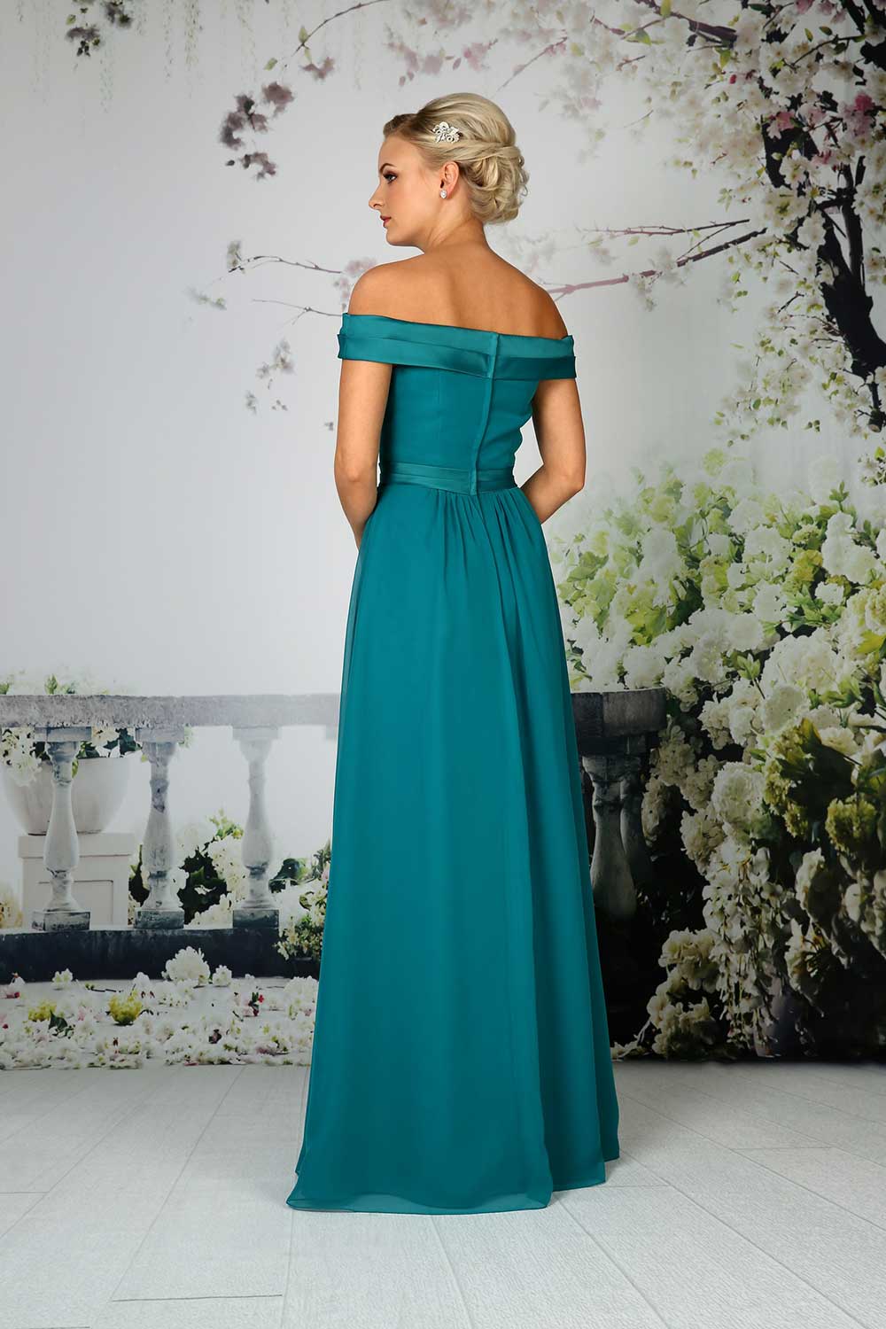 Bridesmaids off the shoulder gown with pleated neckline and waistband
