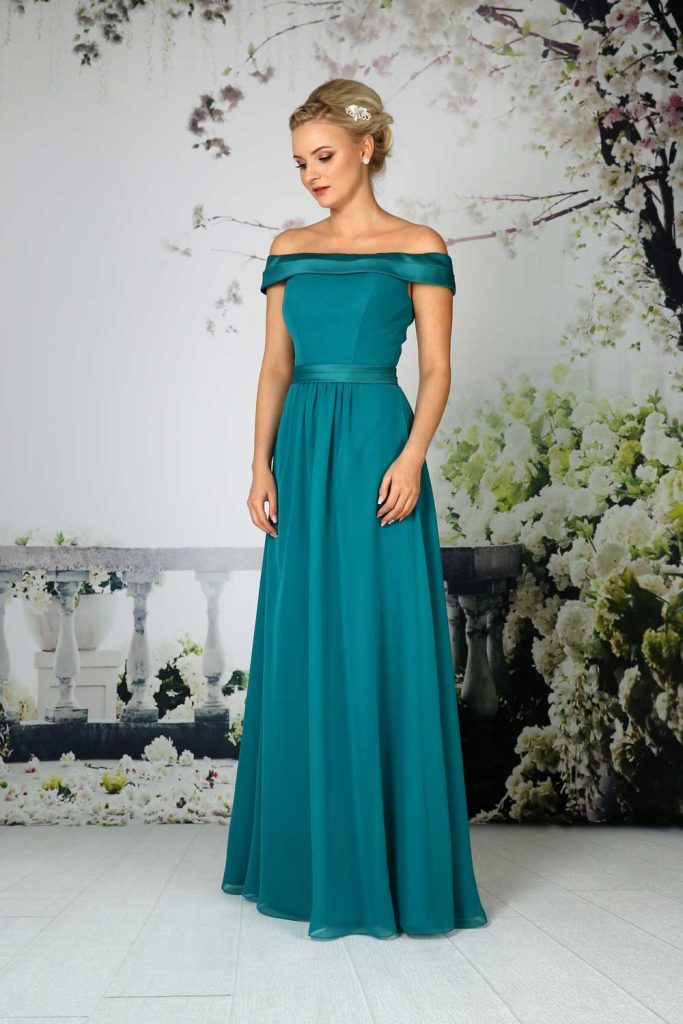 Bridesmaids off the shoulder gown with pleated neckline and waistband