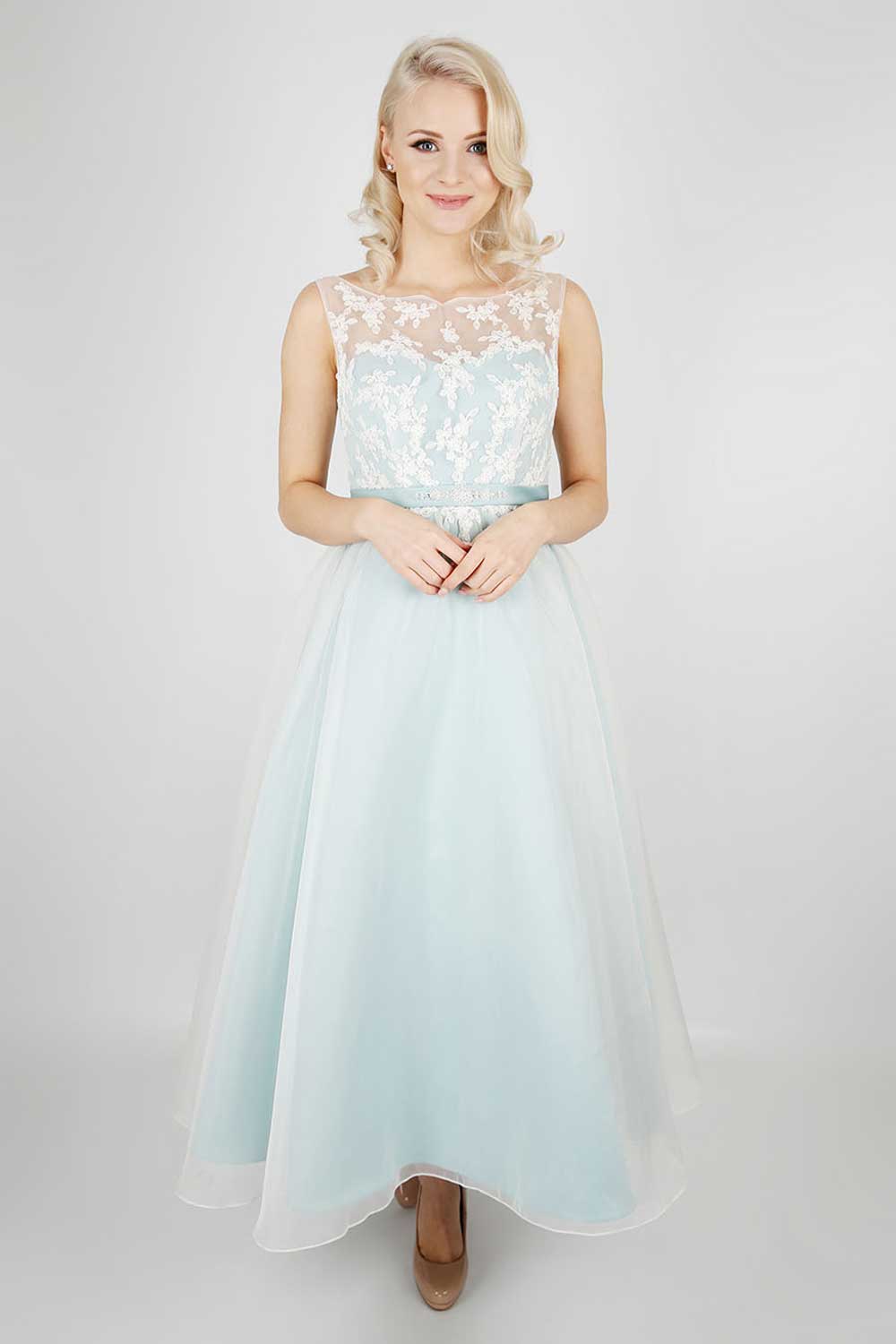 Bridesmaid dress with organza tea-length skirt