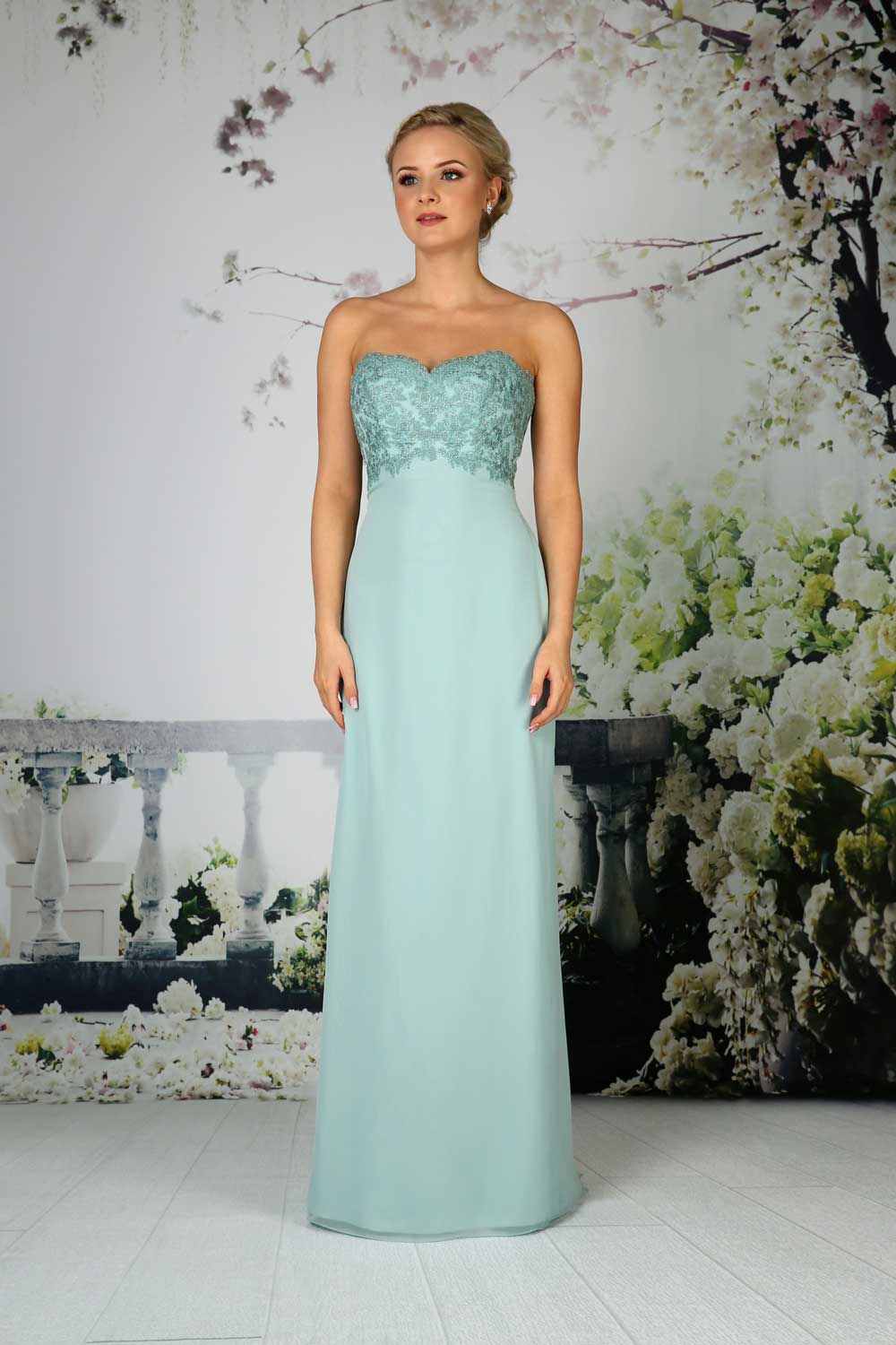 Bridesmaids strapless chiffon gown with lace empire bodice