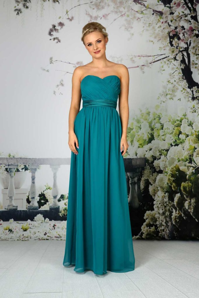 Bridesmaids strapless gown ruched bodice and sweetheart neckline